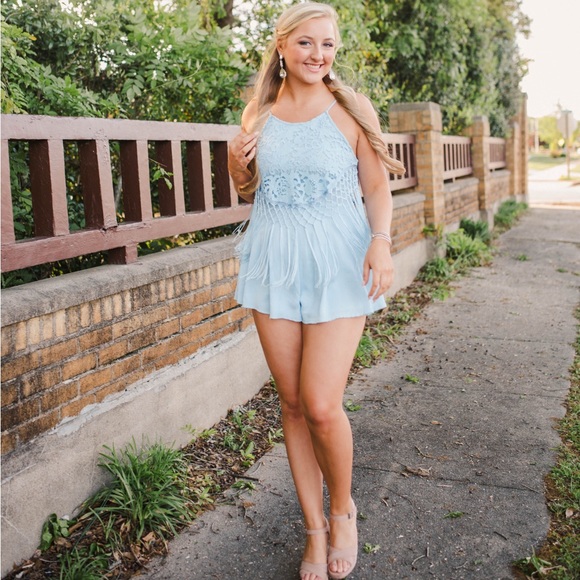 Light Blue Fringe Romper - Picture 1 of 6